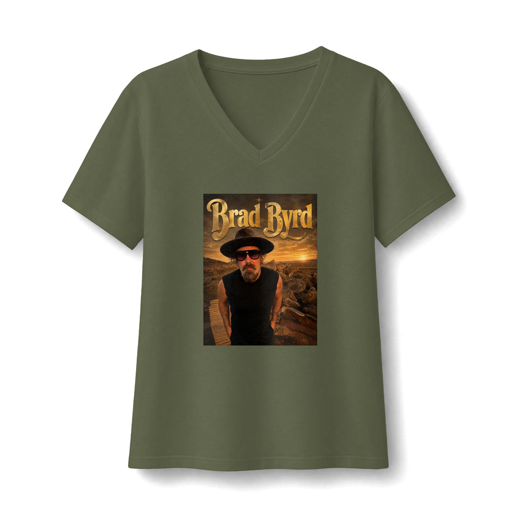 Brad Byrd Women’s V‑Neck Tee — Retro Desert Graphic Band Shirt
