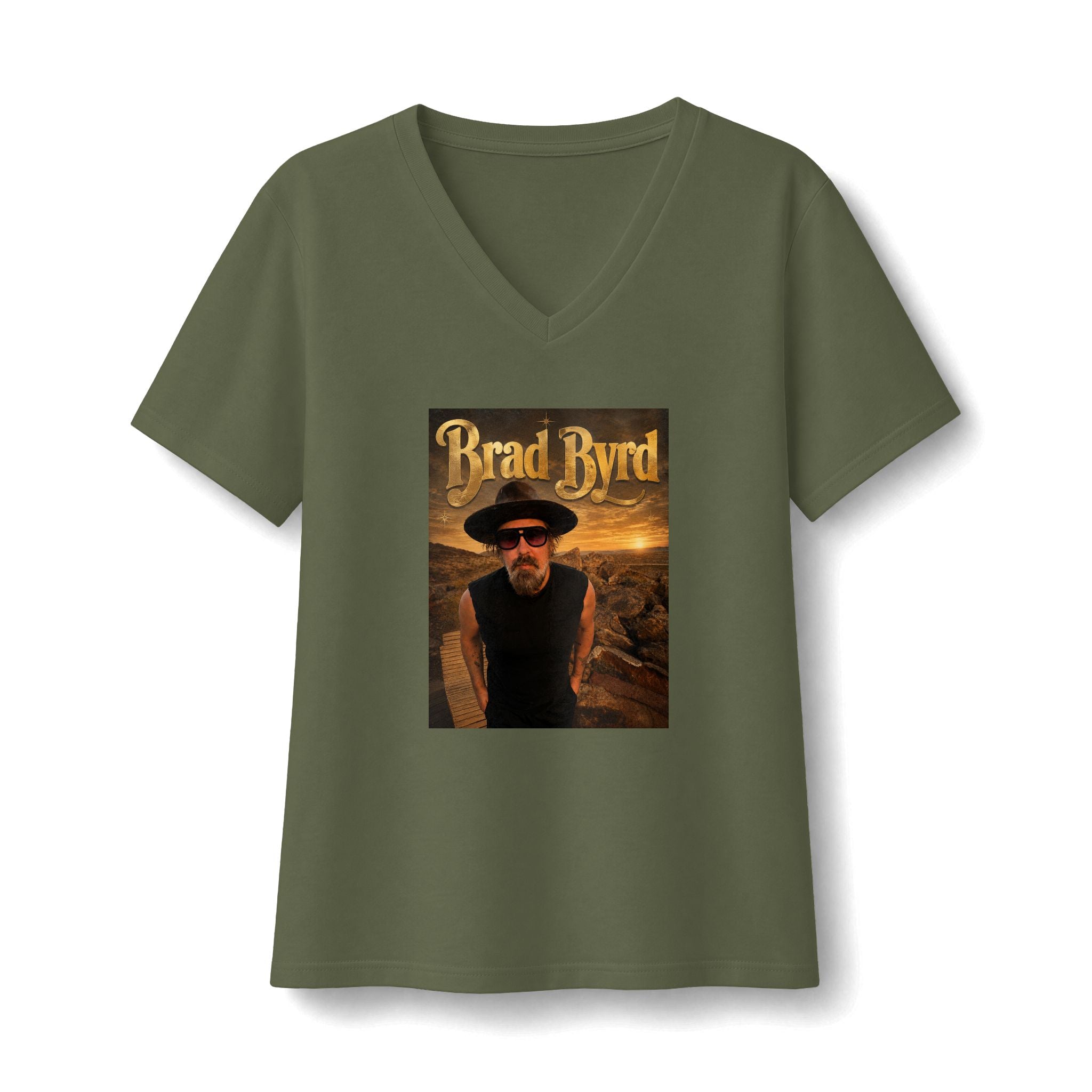 Brad Byrd Women’s V‑Neck Tee — Retro Desert Graphic Band Shirt