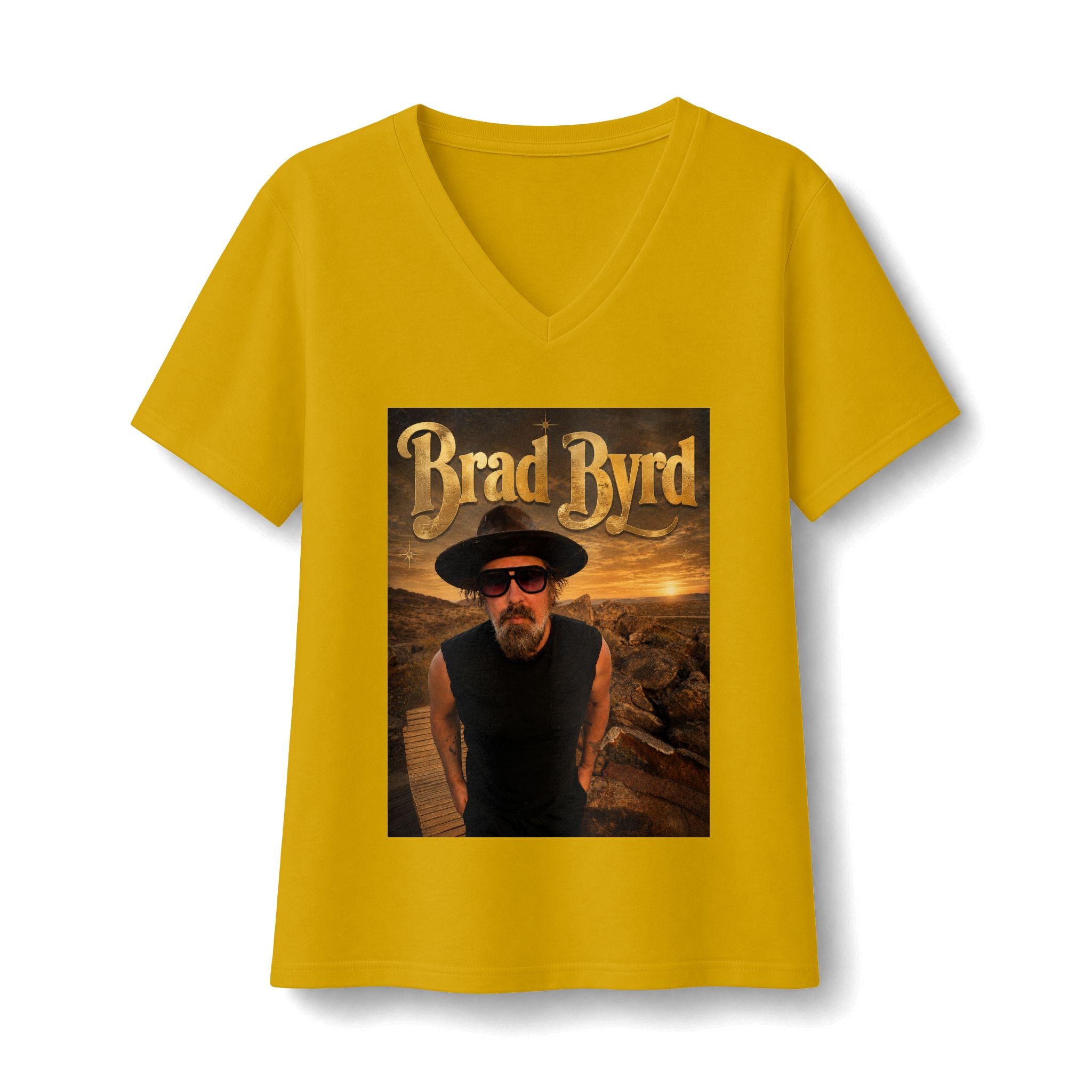 Brad Byrd Women’s V‑Neck Tee — Retro Desert Graphic Band Shirt