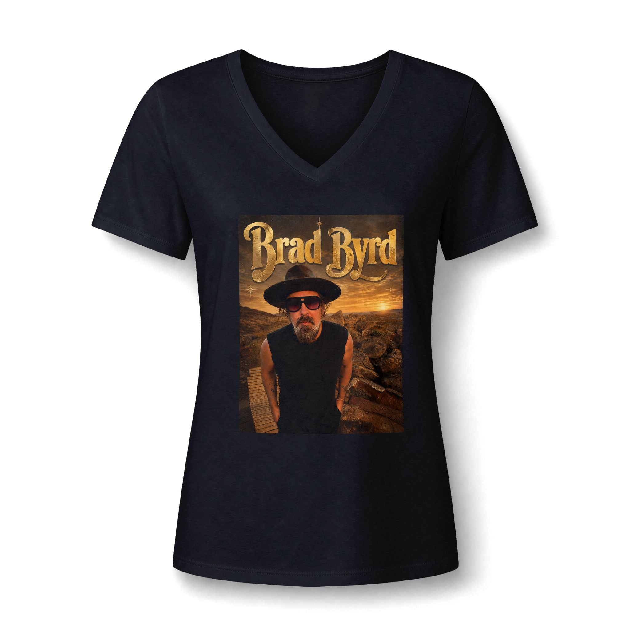 Brad Byrd Women’s V‑Neck Tee — Retro Desert Graphic Band Shirt